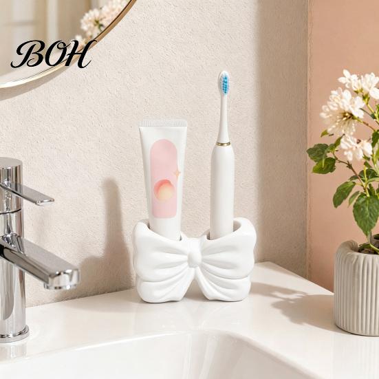 No Drill Bathroom Accessory 3D Printed Bow Toothbrush Holder, Adhesive Cup with Dual Holes for Double Hole Holder & Toothpaste, Cute Organizer Decor,