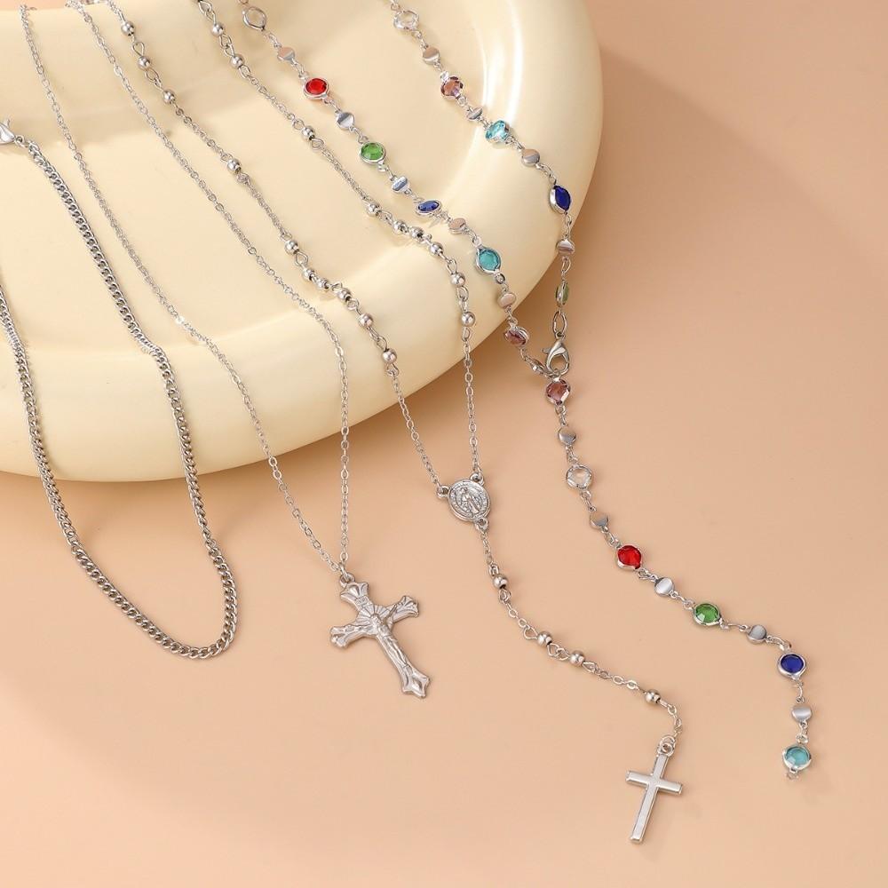 Rhinestone Metal Stacked Necklace Fashion Stacked Collarbone Chain Cross Necklace Set Women