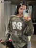 Винтажная камуфляжная женская футболка с длинным рукавом для осени, свободная, с принтом букв, трендовый топ с американским круглым вырезом
