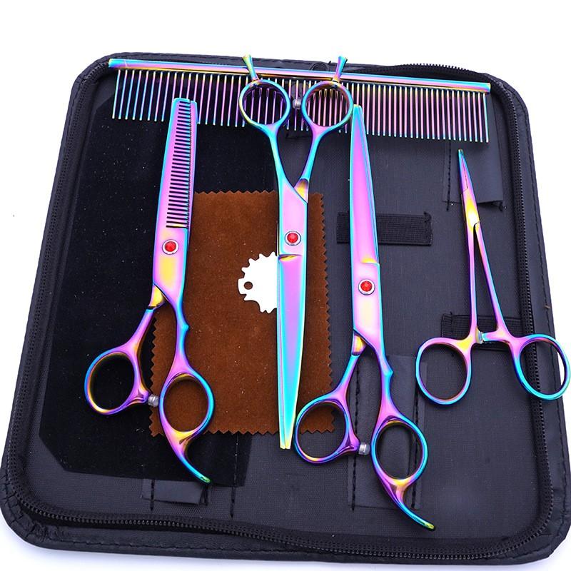 Professional Dog Grooming Scissors Set 7 Inch Stainless Steel Curved Straight Tooth Fishbone Kit Pet Hair Trimming