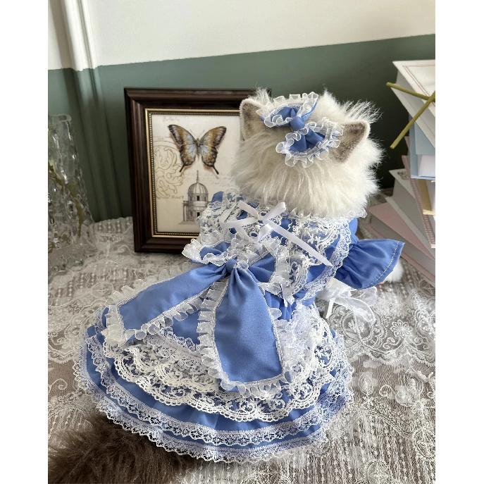 Original Hamdmade Pet Dog Clothes Pure Cotton Blue Lace Bow Party Princess Dresses For Small Medium Dog Poodle Puppy Coat Skirts