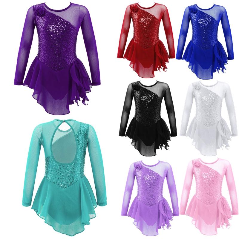 Girls Long Sleeve Mesh Patchwork Style Irregular Sequins Decor Dress Skating Dance Gymnastic Dress