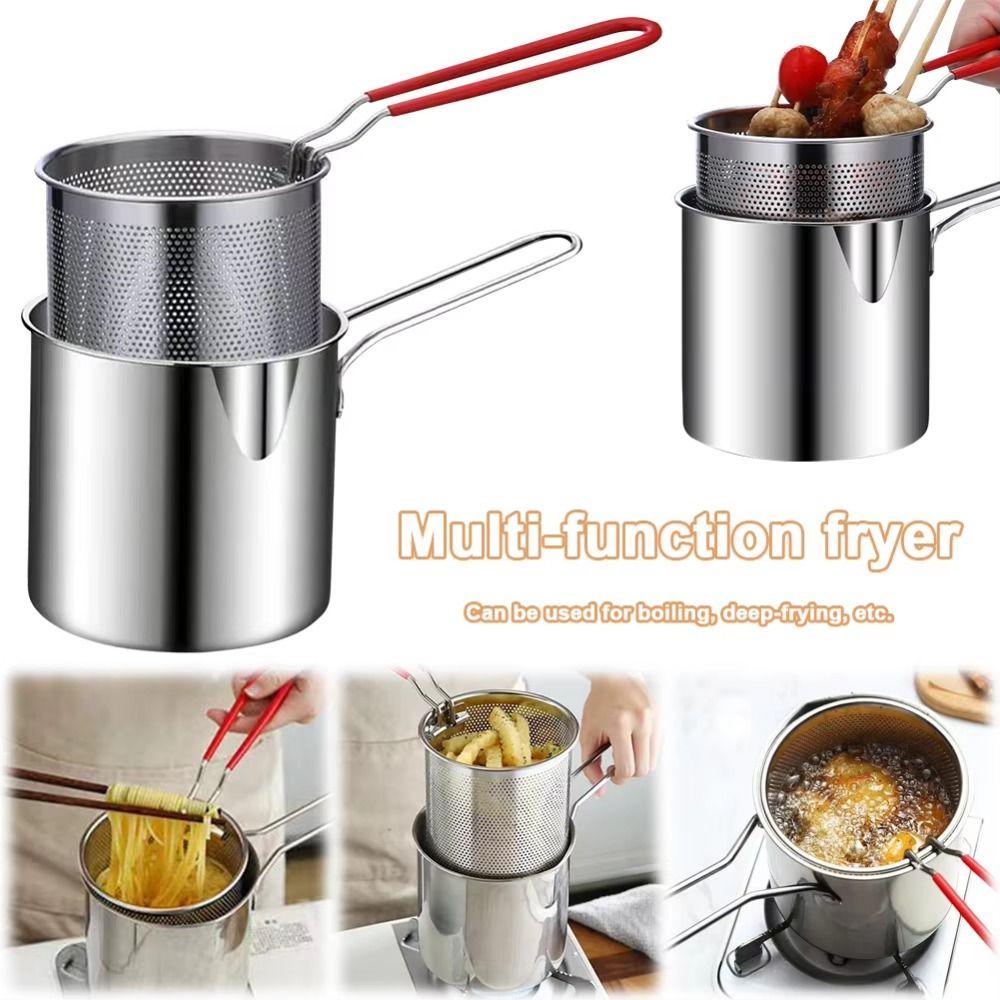 with Lid Deep Fryer with Strainer Stainless Steel Milk Warmer Pot Frying Basket Cooking Tool