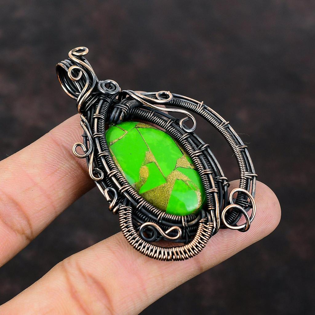 Copper Green Turquoise Pendant Copper Wire Wrapped Pendant Gemstone Pendant Copper Wire Jewelry Brand New Pendant For Gift Handmade Jewelry