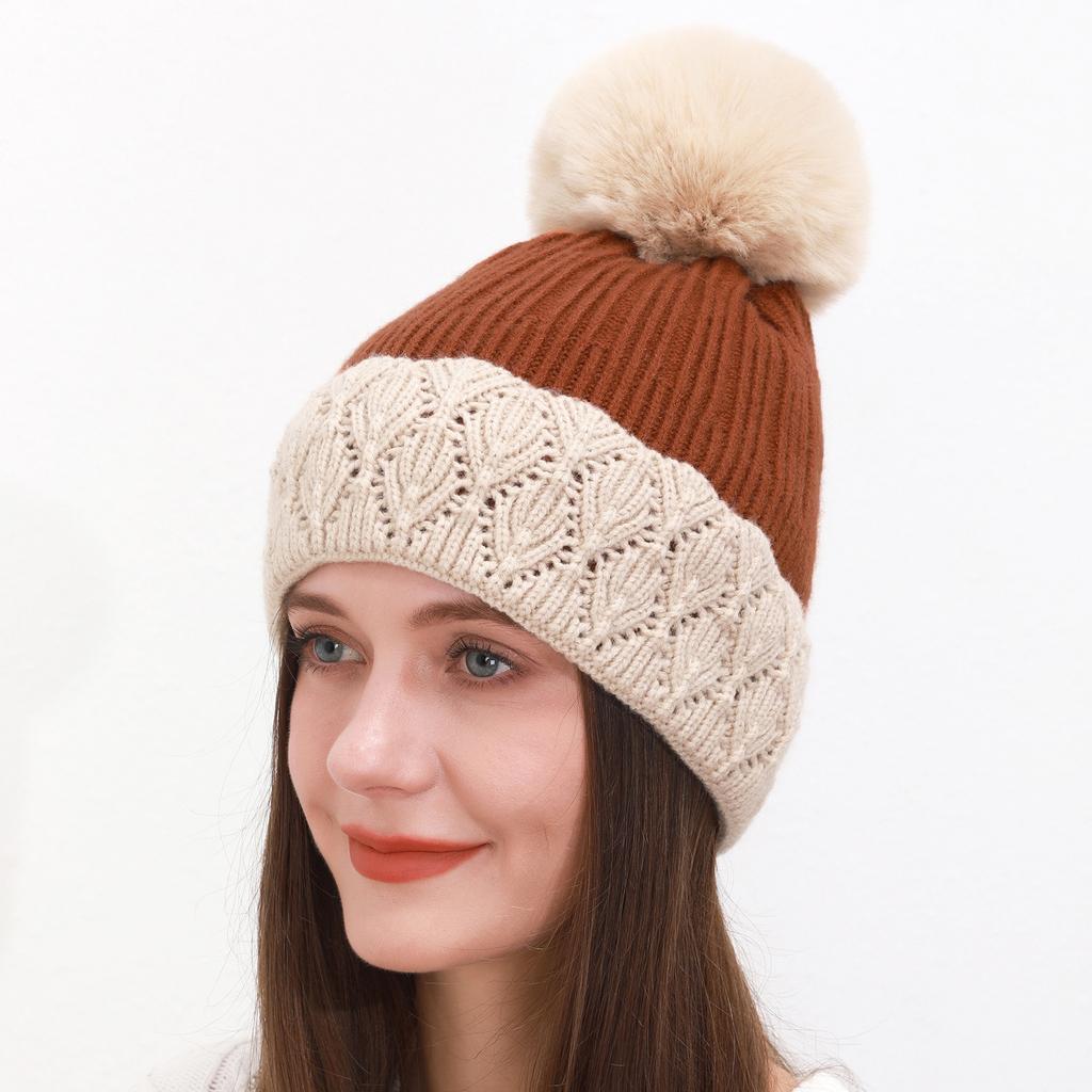 Hat women's winter velvet thickened warm knitted hat hairball color matching lace wool hat new pullover hat