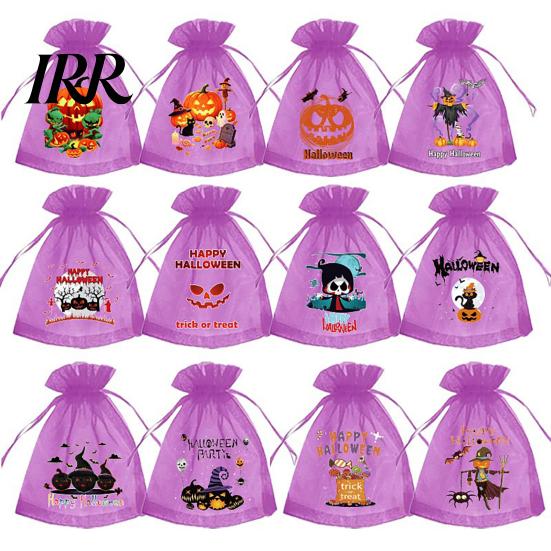 Halloween Treat Pouch 12 Pcs Organza Candy Bag, Drawstring with Pumpkin Ghost Bat Print Bag Print, Sheer Favor for Party Snacks, Trick or Gift