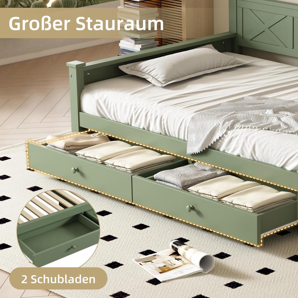 Sofa Bed Flieks 90x200 Daybed with Storage Space, Functional Bed with 2 Drawers, Green