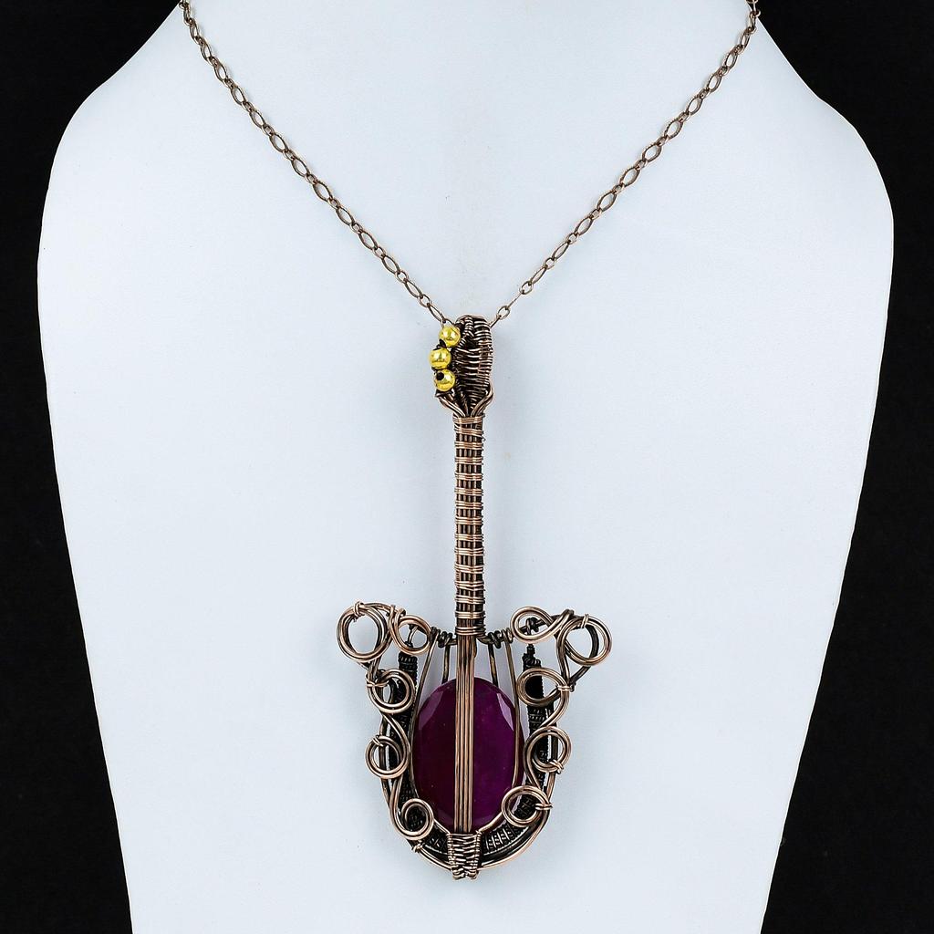 Кулон с ограненным кашмирским рубином, подвеска из медной проволоки, подвеска с драгоценным камнем, гитарная бижутерия, этническая подвеска, медная бижутерия ручной работы, подарок для мамы