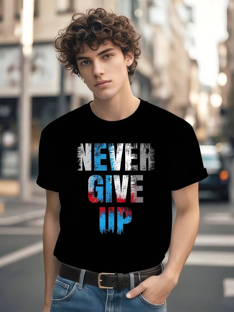 Motivational "Never Give Up" Graphic T-shirt - Bold Lettering Tee