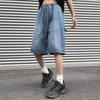 Men Denim Shorts Elastic Drawstring Waist Straight Wide Leg Shorts with Pockets Solid Color Casual Shorts Streetwear