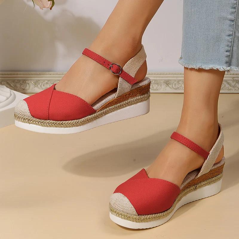 Модные разноцветные сандалии-клинья с закрытым носком, женские сандалии с ремешком на щиколотке, на толстой подошве, женские сандалии большого размера, эспадрильи на платформе, римские туфли