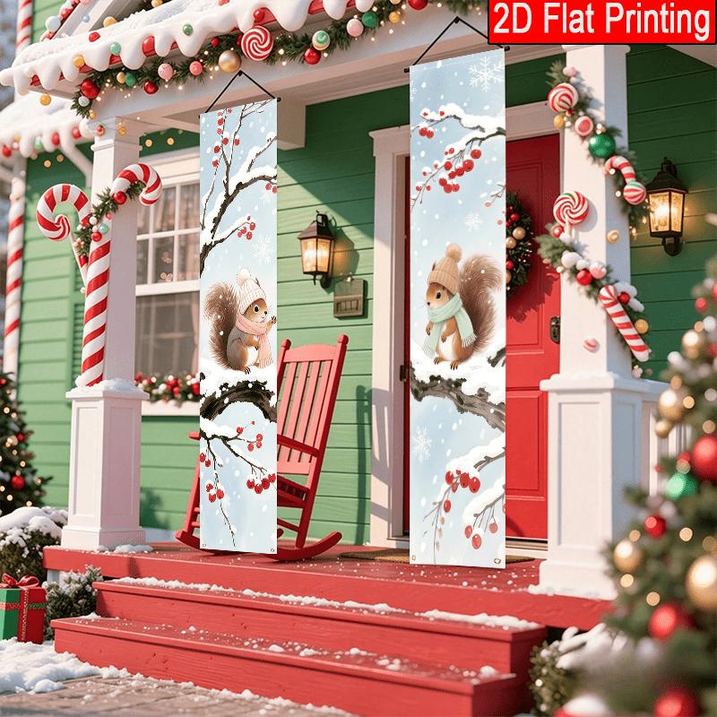 2pcs Christmas Squirrel Cartoon Door Couplet Red Polyester 12x70.8in