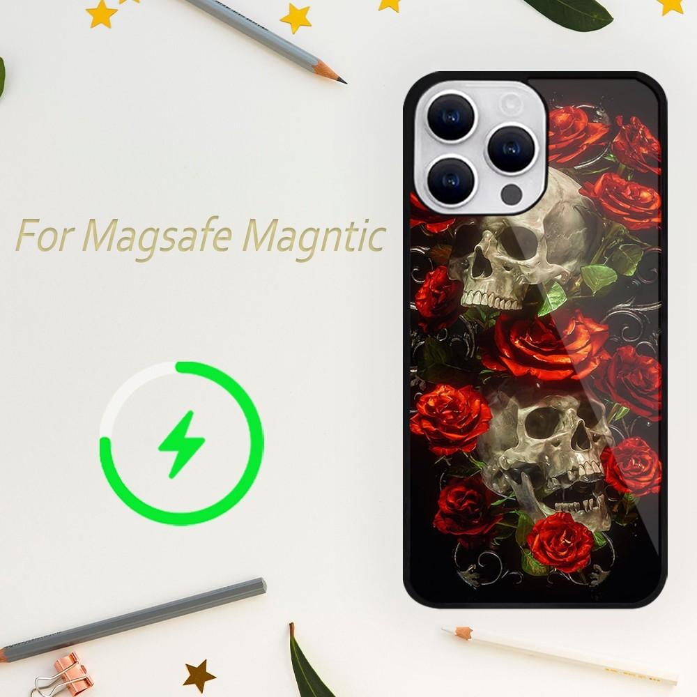 Роскошный чехол для телефона Skull Dead Flowers для iPhone 15 14 13 12 11 Plus Pro Max Magsafe Magnetic Wireless Charger