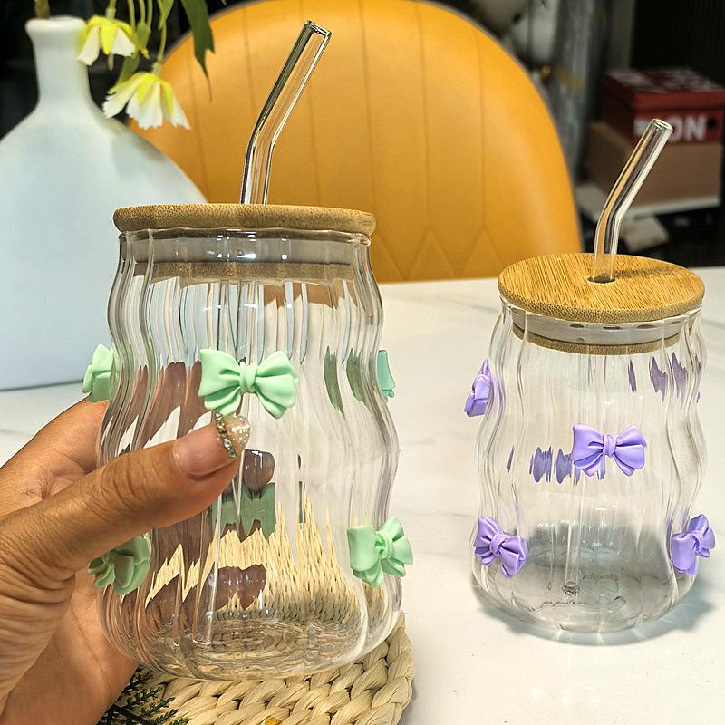 Cute Bow Solid Color Suction Tube Cup High Temperature Resistant Modern Sustainable Microwave Safe Household Glass Drinkware