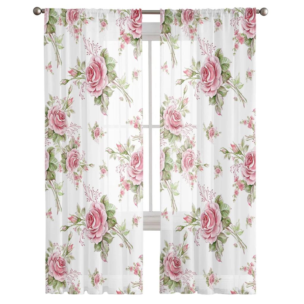 Pink Rose Romantic Luxury Tulle Curtains Modern Living Room Kitchen Chiffon Curtain Bedroom Sheer Valance Curtain