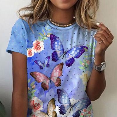 Футболка женская облегающая с короткими рукавами и круглым вырезом с принтом абстракции серии Butterfly