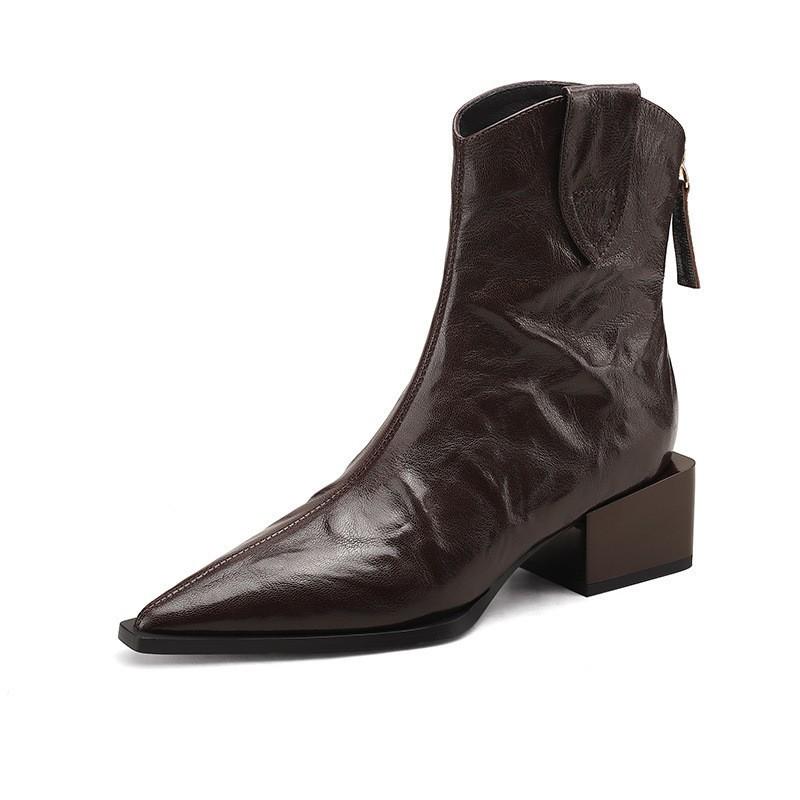 Плиссированные ретро-ковбойские сапоги с острым толстым каблуком, модные короткие сапоги 2024 года, осень и зима, новые коричневые сапоги с квадратным каблуком