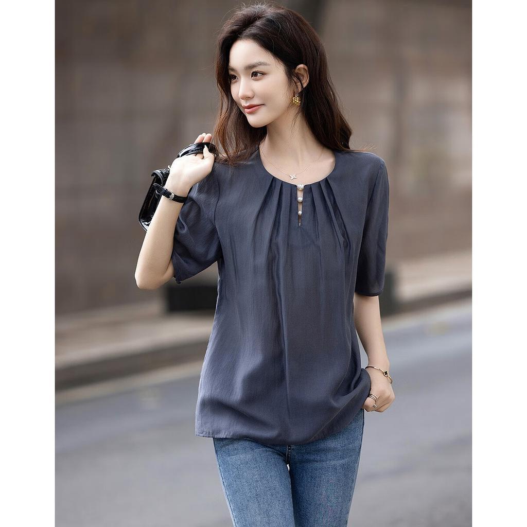 Dme [Selected Lyocell] Summer Pearl Decorated Round Neck Drip Button Shirt, Flowing Short-Sleeve Blouse, Women's Top