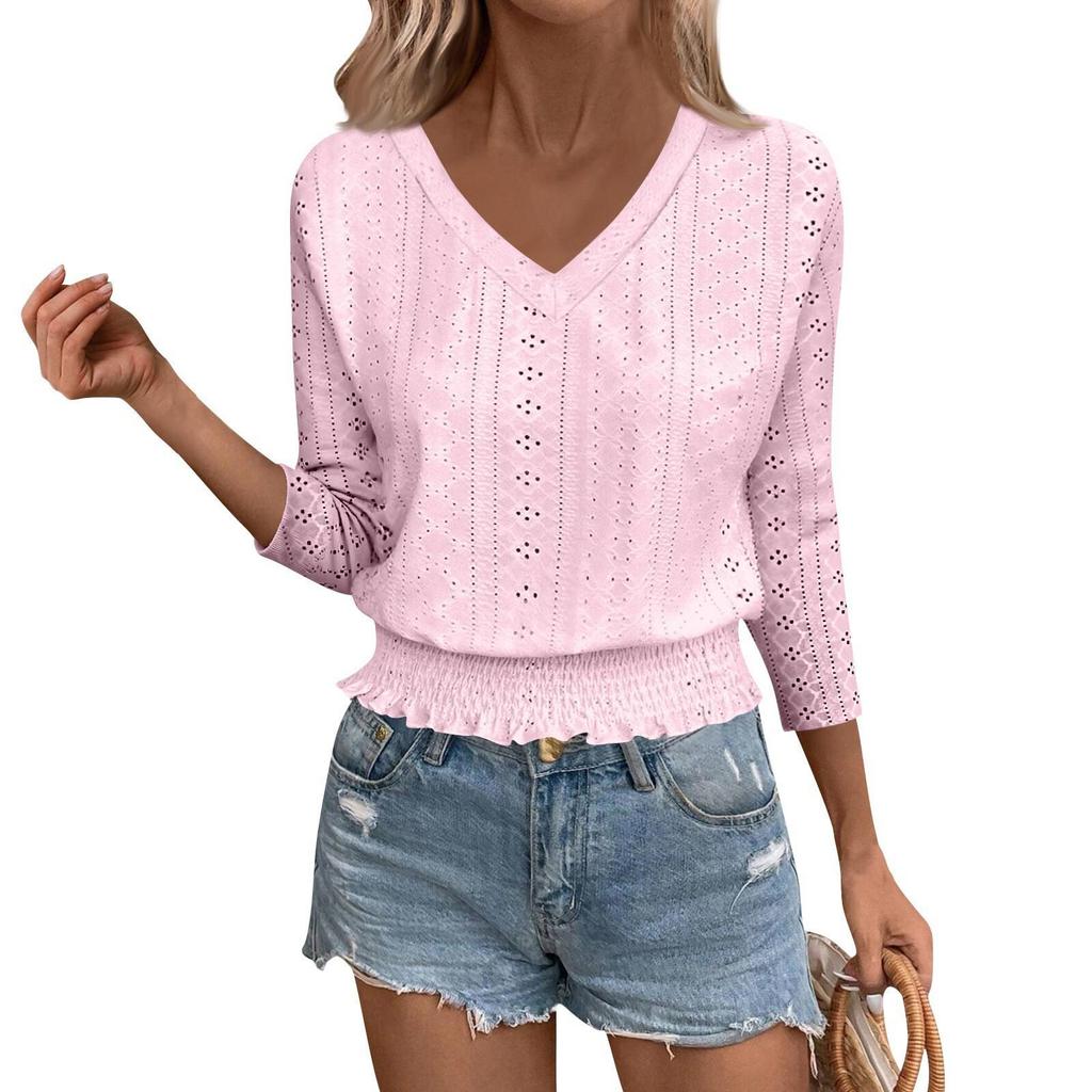 2026 Spring/Summer V-Neck Jacquard Smocked 7-Sleeve T-Shirt - Chic Casual Top