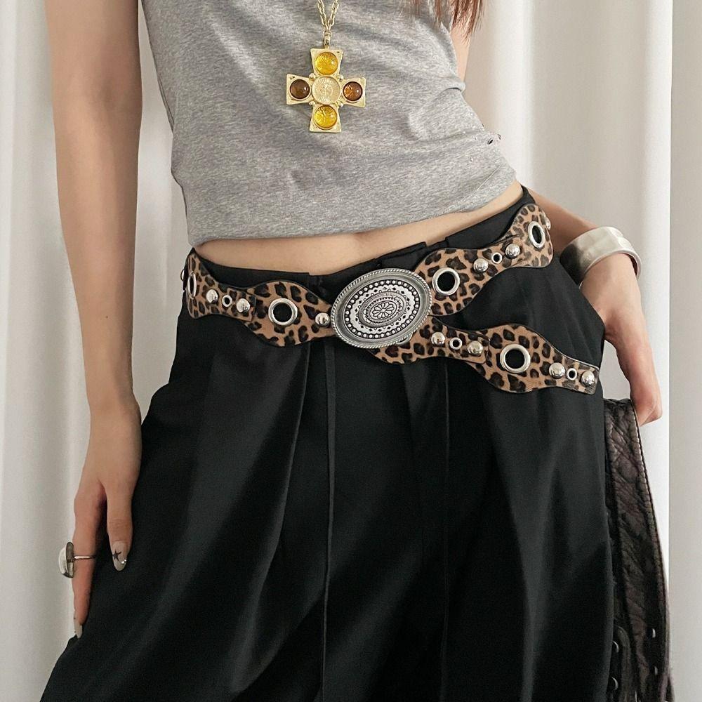 Leopard Women's Rivet Belt Gothic Dress Jeans Belt Fashionable Leather Waistband  Streetwear