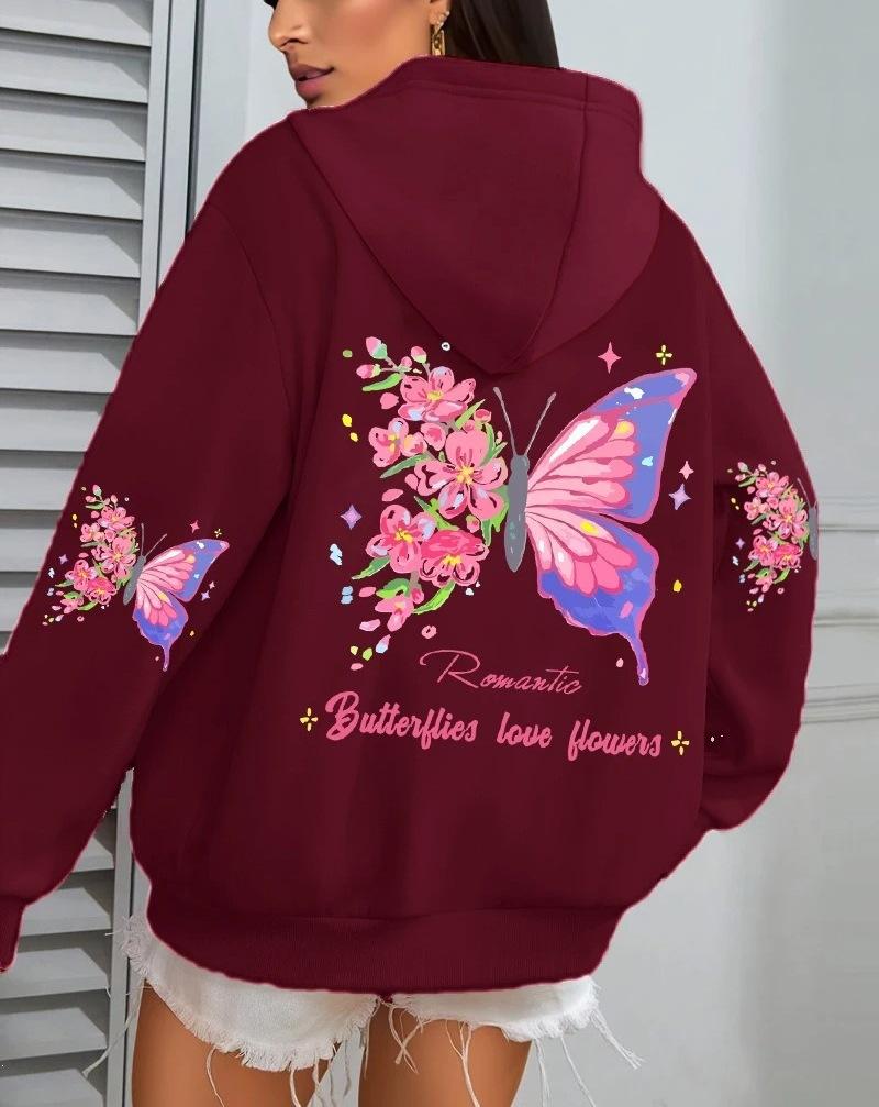 Farfalle Amore Fiori Print Women'S Hoodie Fall Loose Casual Pocket Fleece Jumper