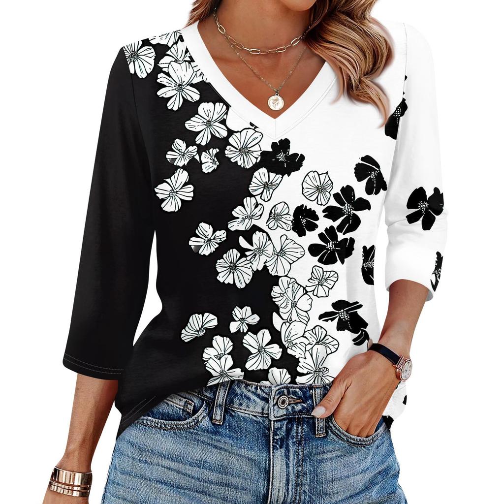 Женская футболка с принтом, рукав 3/4, повседневная мода на выходные, базовый топ с V-образным вырезом