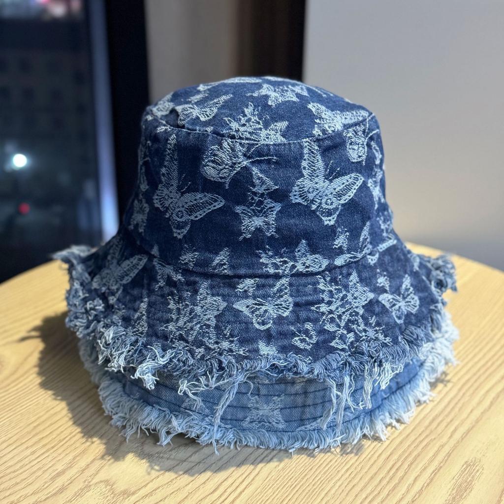 Japanese-style women's fashion woven bow denim bucket hat, washed, sun-blocking, sun-protective, suitable for travel and street fashion, with frayed