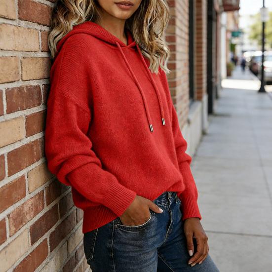 Женский свитер с регулируемым шнурком, вязаный пуловер с капюшоном, топ с длинным рукавом, однотонный, свободный крой, уютный, теплый, для осени и зимы, вязаная толстовка