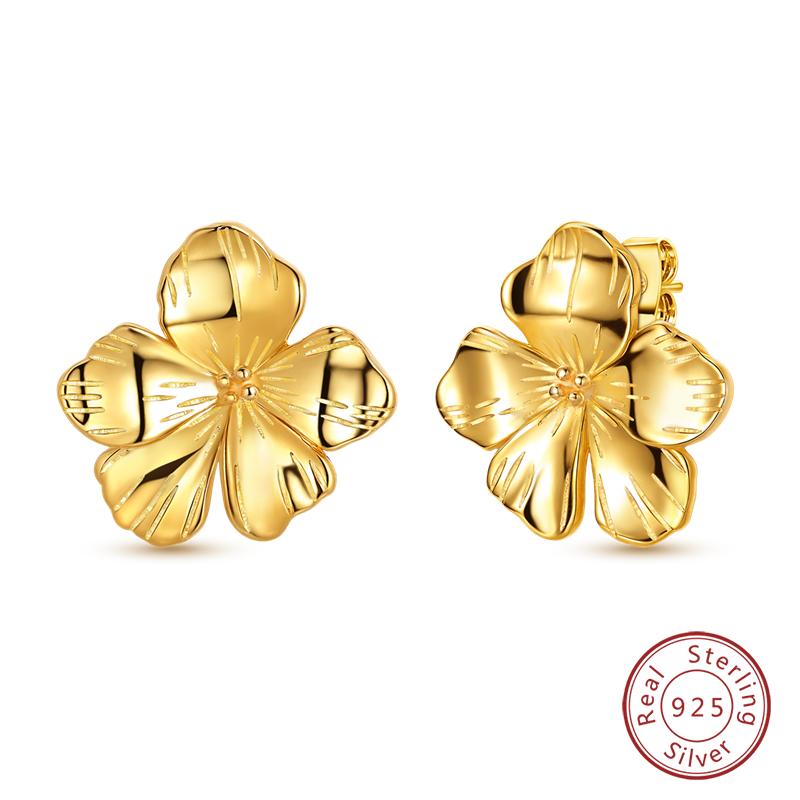 Golden Color Earrings 925 Silver Bow Four Leaf Clover Ear Stud Star Moon Earrings For Women Fine Party Birthday Jewelry