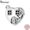 BAMOER 925 Sterling Silver Small House Family Beads Heart-Shaped Charms for Women Bracelet and Bangle DIY Fine Jewelry
