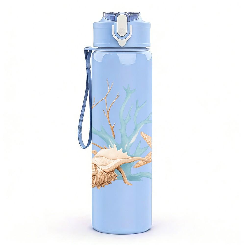 1PC Coral Starfish Ocean Art Print 750ml Color Plastic Sports Water Bottle Leakproof Flip Straw Lid Suitable for Sports Office Home Use
