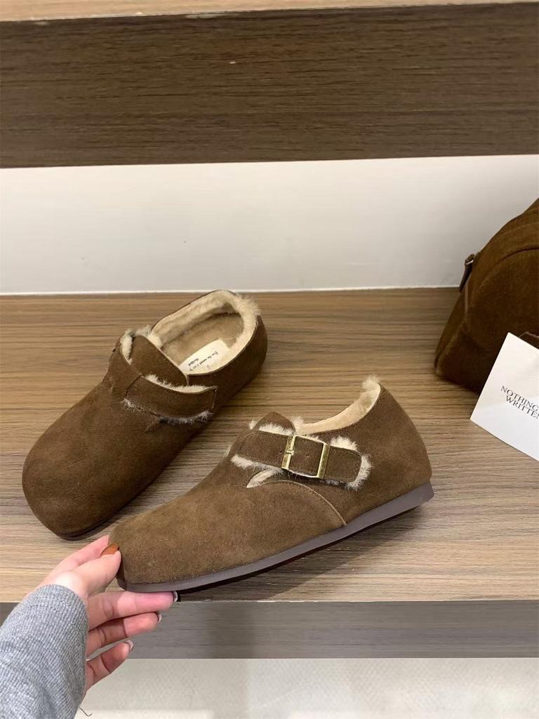 Полностью флисовые Birkenstocks для женщин, новинка зимы 2025, однослойные пушистые ботинки, утолщенные теплые, с толстой подошвой, снежные хлопковые ботинки