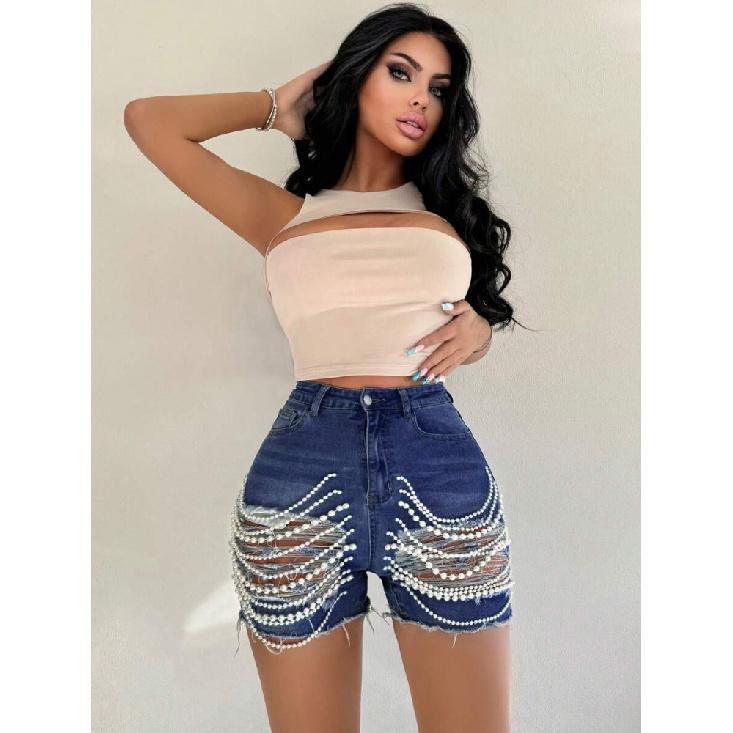 Джинсовые шорты женские летние новые с высокой талией и тонкие рваные шорты ручной работы с цепочкой из бисера для женщин