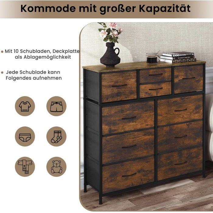 WOLTU Commode, Meuble à 10 Tiroirs en Tissu, Cadre en Métal, Plateau en Bois d'Ingénierie, Marron Rustique+Noir W0ITT0114