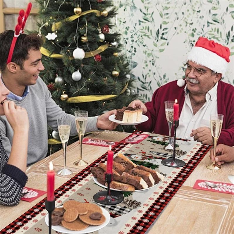 Рождественская дорожка на стол Снеговики, 33×180 см Рождественские дорожки для столов, Рождественские дорожки на стол для помещений и улицы, дорожка на стол для вечеринки