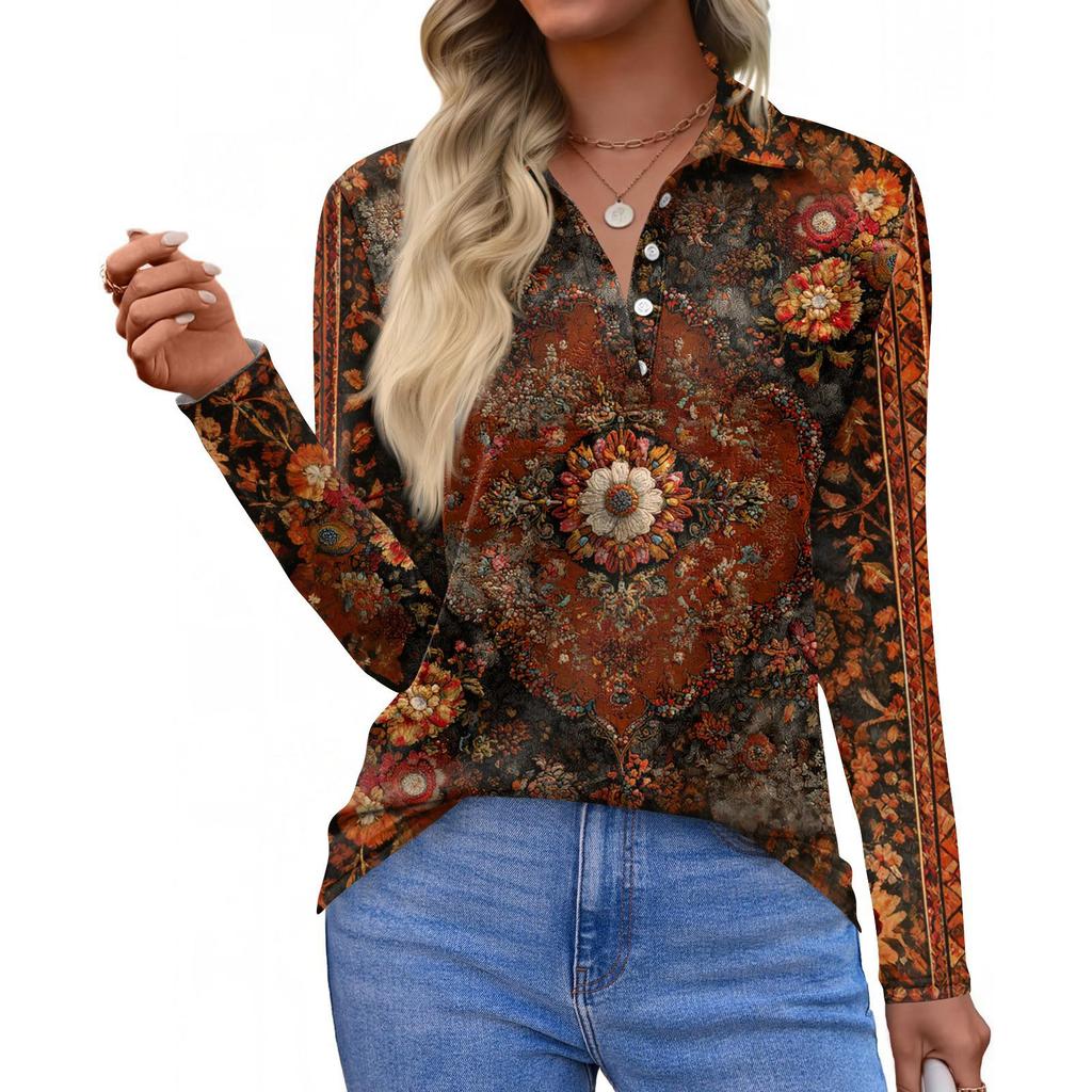 Women's Fashion Casual Lapel Short Long Sleeve Print Shirt Women's Button Up Tops