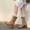 Fashion Belt Buckle Vintage Mid-calf Boots Women Autumn Chunky Heels Western Cowboy Boots Woman PU Leather Knight Booties