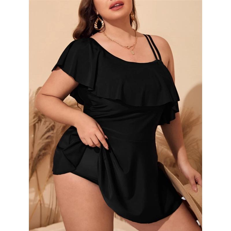 2025 Black Tankini Swimwear Women Plus Size Two Pieces Swimsuit Ladies Big One Shoulder Ruffle Tankini Bathing Suit
