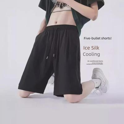 Мужские летние спортивные шорты Ice Silk черного цвета - повседневный свободный крой, тонкие, длина до пят
