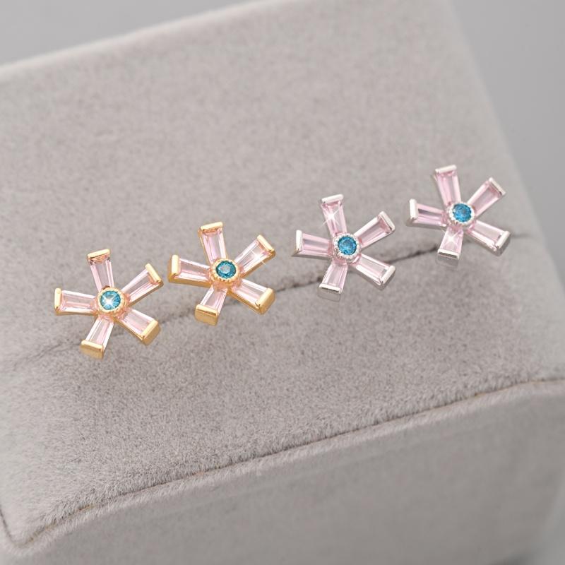Real 925 Sterling Silver Sweet Pink Flowers Stud Earrings For Women Pave Setting CZ Fine Jewelry Gift