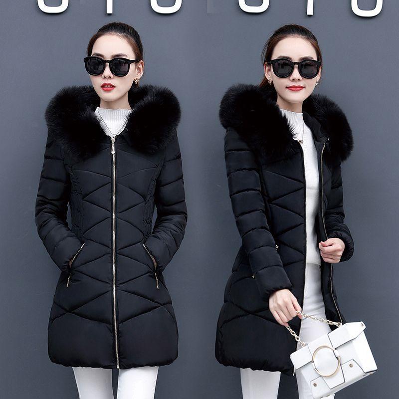 Women Cotton-Padded Jacket In Long Autumn Winter Thickened Big Wool Collar Cotton Coat Korean Slim Cotton-Padded Coat