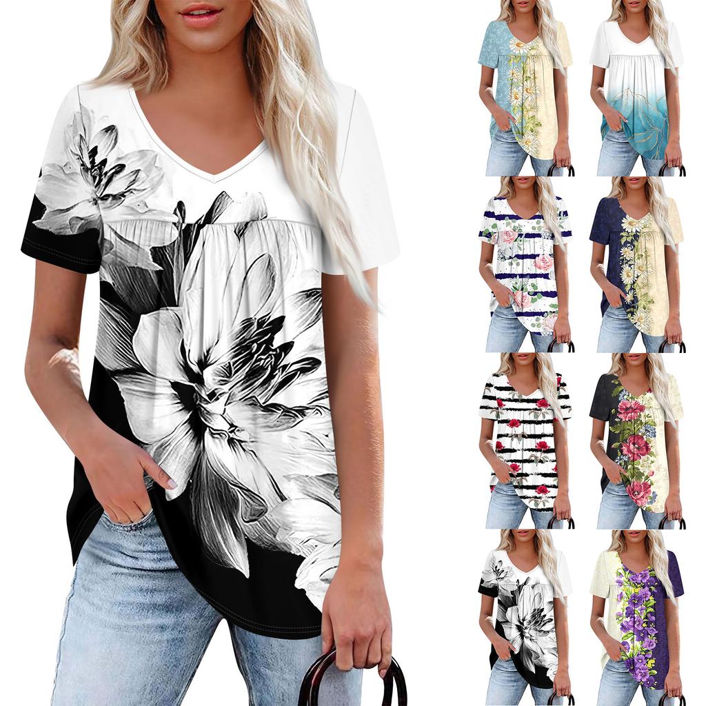 Women's Casual V-Neck Short Sleeve Chest Ruffle Printed Top
