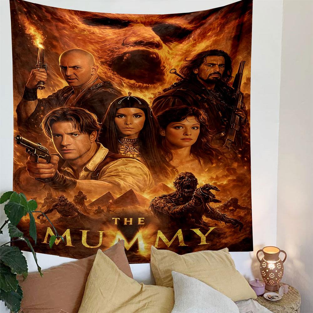 A fiery scene with characters, a large face in flames, and a mummy theme. Patterned tapestry for bedroom and living room home decor
