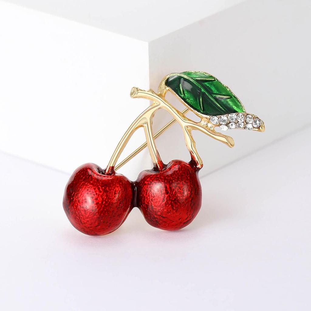 Chic Green Leaf & Red Cherry Enamel Brooch - Stylish Daily Accessory