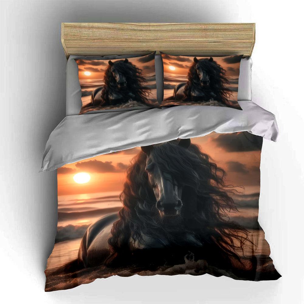 "Horse Sunset Beach Decor Set" Bedding Set with 1 Duvet Cover 2 Pillowcases Single Double King Queen, Gift
