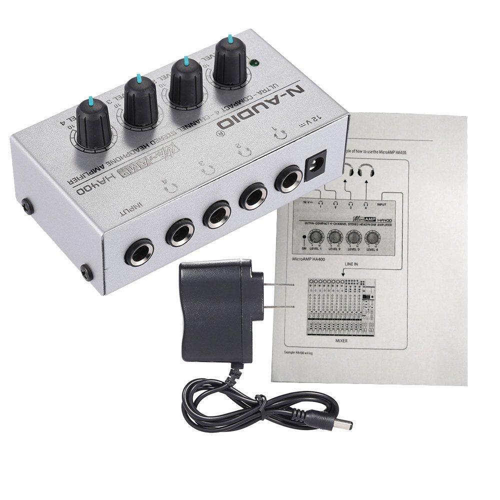 N-AUDIO HA400 4-канальный усилитель для наушников, стерео аудиосистема с адаптером питания, для музыкальных инструментов и звукового оборудования.