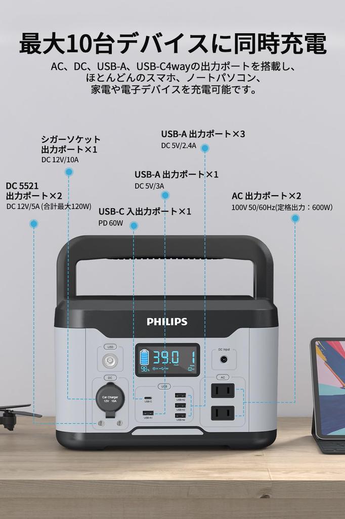 Philips портативный блок питания большой емкости с выходом переменного тока 600 Вт макс. выходная мощность розетки одновременная зарядка 10 устройств функция сквозной передачи BMS