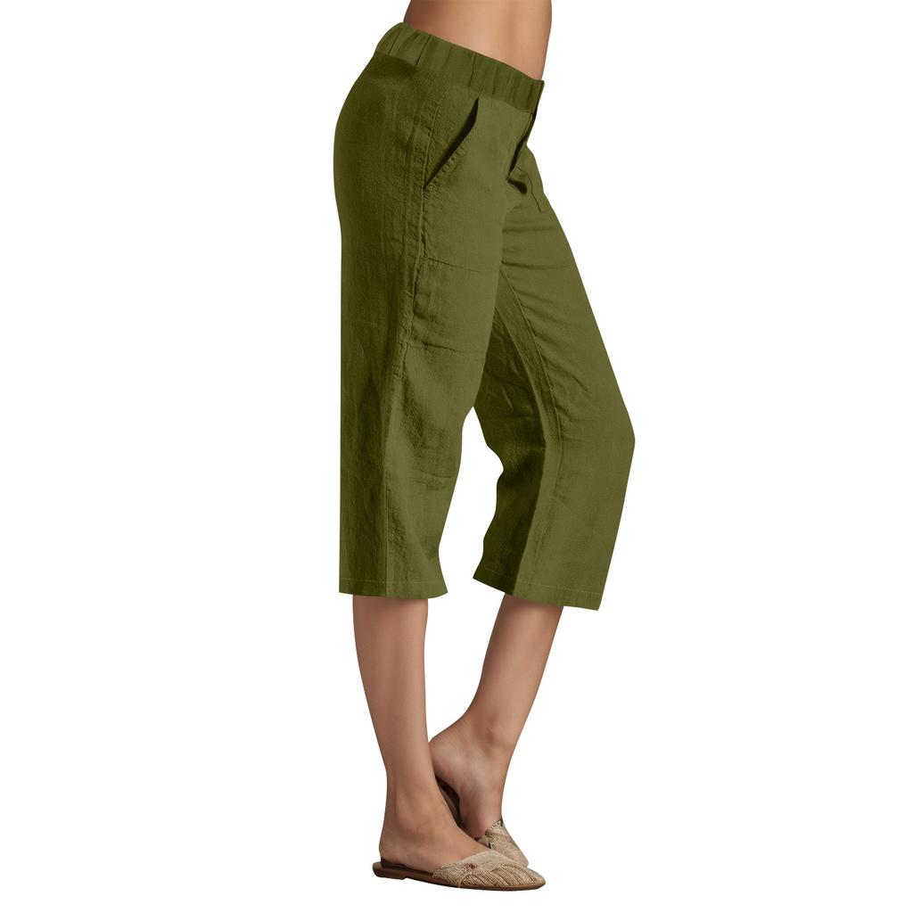 Женские однотонные брюки из хлопка и льна, свободные брюки с 7 точками и карманами