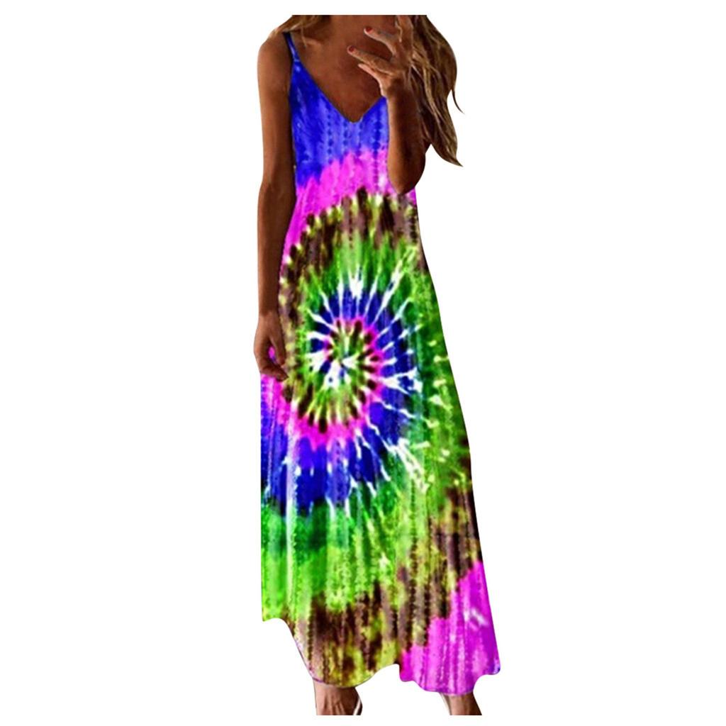 Women's Sleeveless Loose V-Neck Plain Tie-dye Printing Maxi Dresses Long Dress