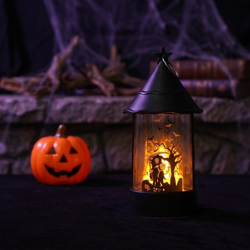Halloween Led Candle Lantern Pumpkin Ghost Castle Pattern Portable Hanging Wind Lamp Holiday Party Tabletop Decor Props Gift